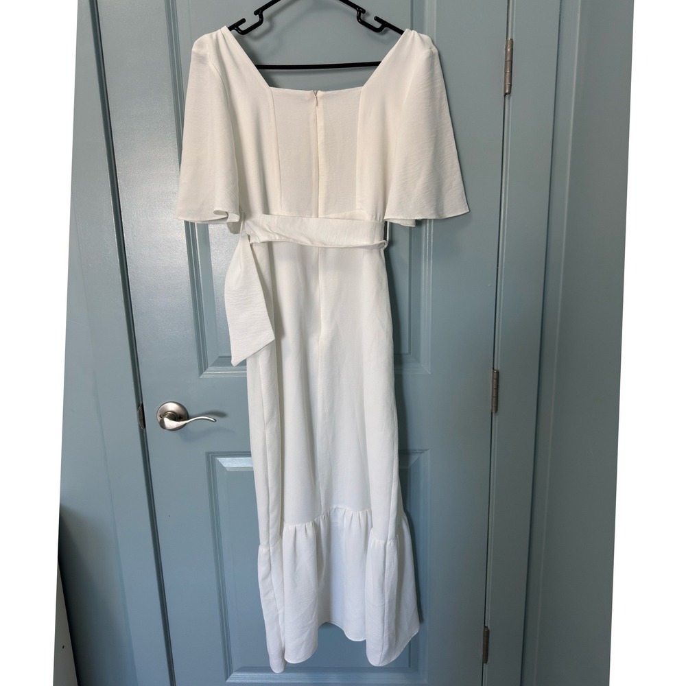 Cortelle Midi Dress White Flutter Sleeve Belted Ruffle Hem Cottagecore Chic P - Picture 2 of 5